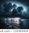 Night Rocky Beach and Lightnings over the Sea. AI Generated 116969404