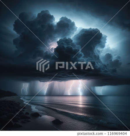 Night Rocky Beach and Lightnings over the Sea. AI Generated 116969404