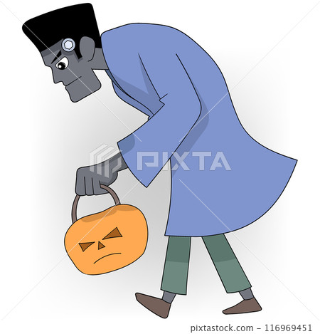 Frankenstein walking carrying a pumpkin Frankenstein walking carrying a pumpkin 116969451