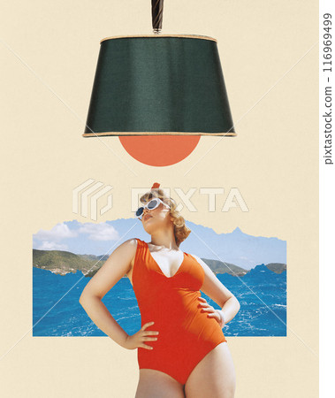 Contemporary art collage. Confident woman in retro swimsuit posing by sea, under her lampshade with sun acting as light bulb. Contemporary art collage. Confident woman in retro swimsuit posing by sea, under her lampshade with sun acting as light bulb. 116969499