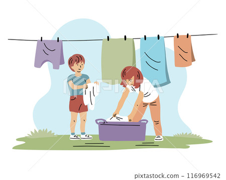Brother and sister hanging out laundry Brother and sister hanging out laundry 116969542