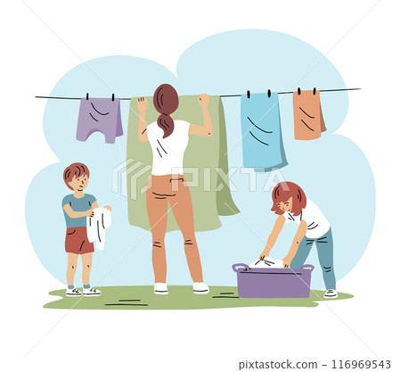 Mother, son and daughter hanging out laundry Mother, son and daughter hanging out laundry 116969543