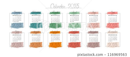 2025 calendar with hand drawing month and year sign in frame. Vector stock illustration isolated on white background for design template print materials, daily planner. Editable stroke one single line 116969563