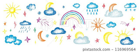 Chalk kid cloud weather symbols set. Vector stock illustration isolated on white background for design template travel blog, meteorology forecast. Kit textural crayon hand drawing symbols. EPS 10  116969564
