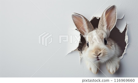 Cute Rabbit Peeking Out of Hole in Wall 116969660