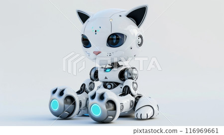 White Robot Cat Sitting on White Surface 116969661