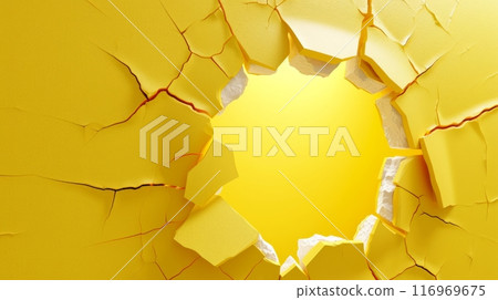 Illustration of a cracked yellow wall with a circular hole in it 116969675