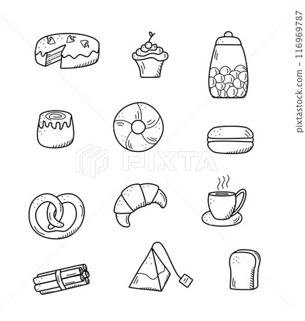 Vector elements of sweet snacks and pastries, coffee dishes. Excellent for decorating cafes and menus. Doodle icon style. Vector elements of sweet snacks and pastries, coffee dishes. Excellent for decorating cafes and menus. Doodle icon style. 116969787
