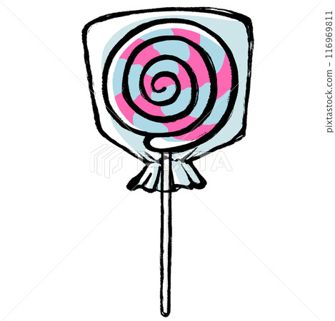 A brush-drawn illustration of a lollipop in a bag A brush-drawn illustration of a lollipop in a bag 116969811