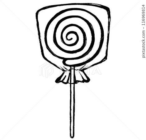 Monochrome line drawing of a lollipop in a brush-touched bag 116969814