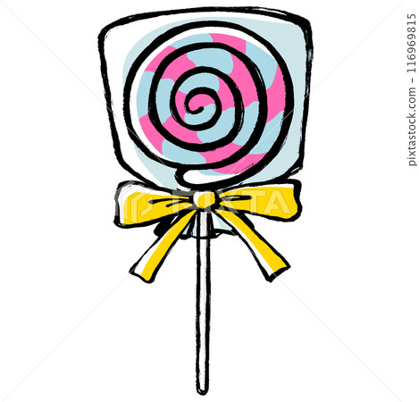 Illustration of a lollipop in a bag with a brush-drawn ribbon 116969815