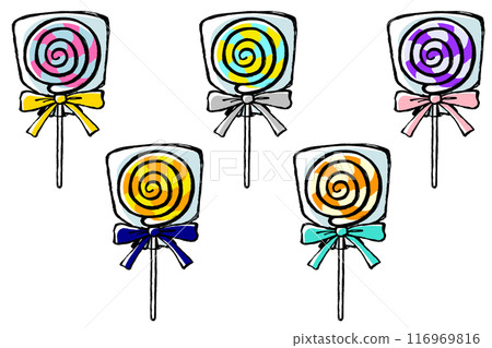 Illustration set of lollipops in a bag with a brush-touched ribbon 116969816