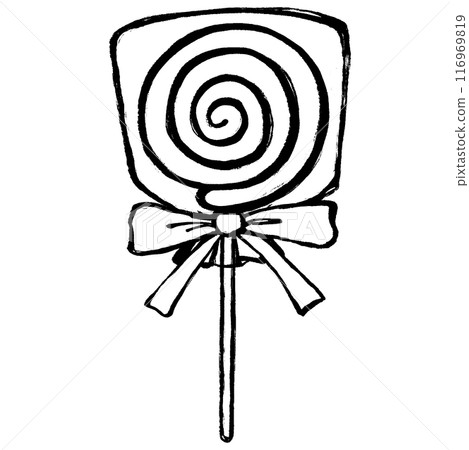 Monochrome line drawing of a lollipop in a bag with a brush-touched ribbon 116969819