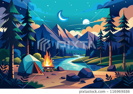 Camping scene with tent and bonfire on the lakeshore, with mountains on the horizon Camping scene with tent and bonfire on the lakeshore, with mountains on the horizon 116969886