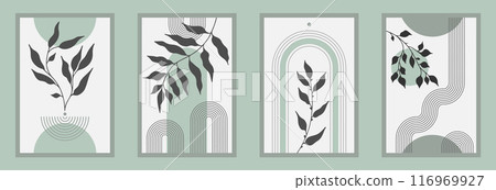Zen arch poster set with botanical element, simple line arch shapes, and leavs. Geometric Japanese zen pattern minimal elements. Boho style strips, 116969927