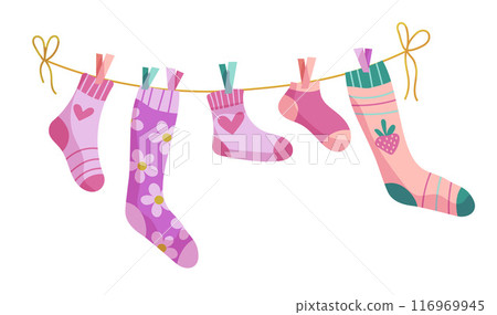 Clothesline socks. Socks on a rope, Baby socks with patterns vector cartoon. 116969945