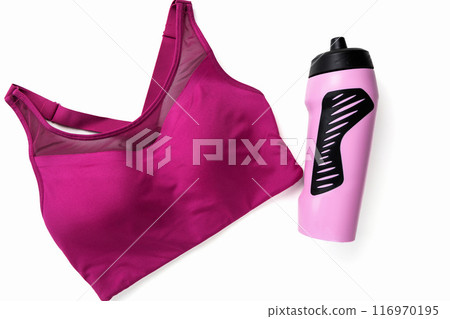 Concept of sports lifestyle and sports activities. Sports top bra and drinking bottle for water. 116970195