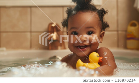 baby infant taking bath, looking upwards and playing 116970234