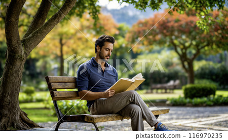 Young Man Reading Book on Park Bench in Autumn 116970235