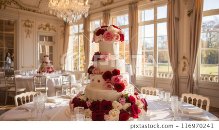 The wedding cake. White, two-tiered, decorated with flowers and gold. On a delicate pink background 116970241
