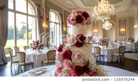 The wedding cake. White, two-tiered, decorated with flowers and gold. On a delicate pink background 116970244