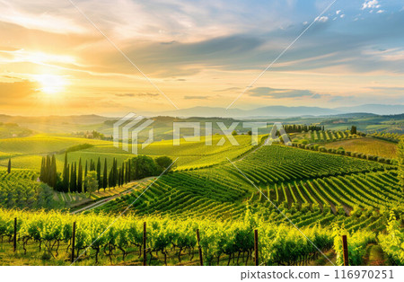 Beautiful Sunset Sky in Napa Valley Wine Country on Spring Vineyards , Mountains 116970251