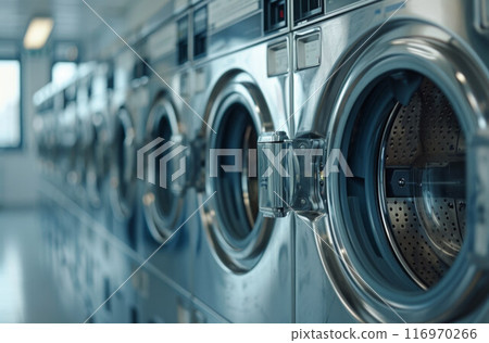 A row of industrial washing machines in a public laundromat 116970266