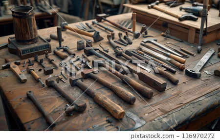 Collection of vintage carpentry tools on an old workbench: woodworking, craftsmanship and handwork concept, flat lay 116970272