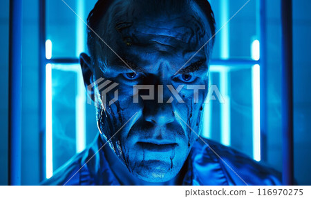 Prisoner stands in prison cell, looks at camera. Criminal serves imprisonment term for crime in jail. Depressed inmate in detention center. Portrait Prisoner stands in prison cell, looks at camera. Criminal serves imprisonment term for crime in jail. Depressed inmate in detention center. Portrait 116970275