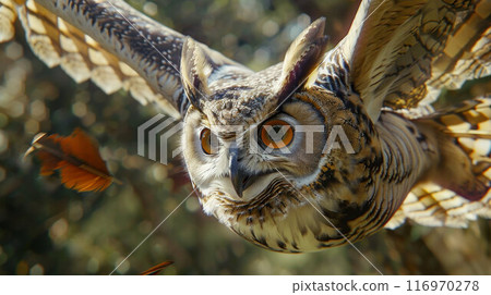 A stunning great grey owl spreads its wings wide as it flies through a forest 116970278