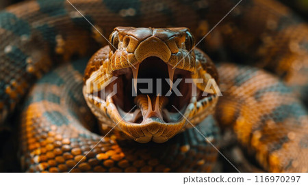 The head of a poisonous snake of a black viper with an open mouth on a blurred background 116970297