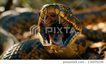 The head of a poisonous snake of a black viper with an open mouth on a blurred background 116970299