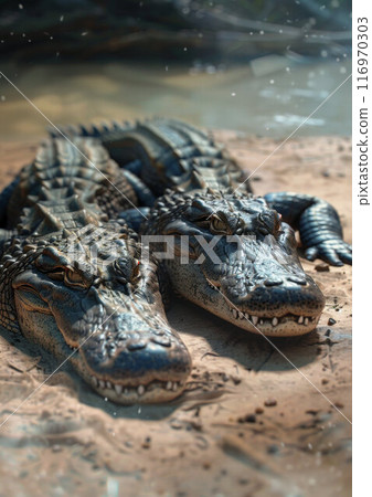 Two American Alligators (Alligator mississippiensis) at the marshland in Everglades National Park Two American Alligators (Alligator mississippiensis) at the marshland in Everglades National Park 116970303