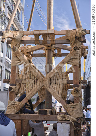 Gion Festival: Setting up the Hoko float (with rope) 3 Gion Festival: Setting up the Hoko float (with rope) 3 116970316
