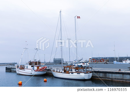 Sea pier with boats on a cloudy day Sea pier with boats on a cloudy day 116970335