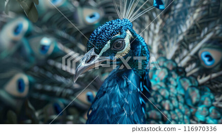 Close-up portrait of a male peacock displaying beautiful plumag 116970336