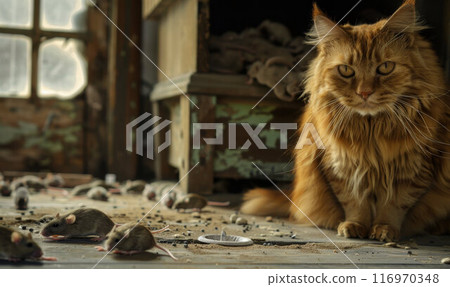 A red-haired cat is sitting in a room with mice. A large number of rats. Lazy cat 116970348