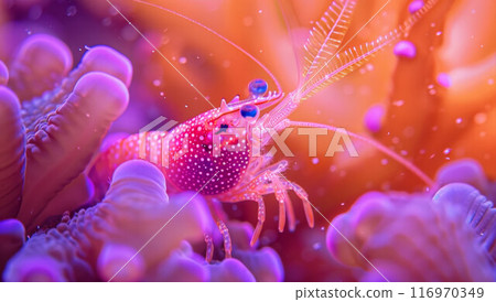 A live shrimp at the bottom of the sea. Bright neon lights 116970349