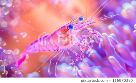 A live shrimp at the bottom of the sea. Bright neon lights 116970350