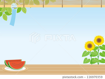 風鈴、向日葵和西瓜的夏季背景_Horizontal 風鈴、向日葵和西瓜的夏季背景_Horizontal 116970359