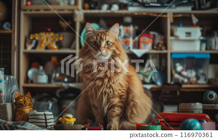 Pet cat sitting on hardwood floor in storage room Pet cat sitting on hardwood floor in storage room 116970361