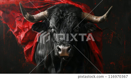 A bull with a red rag, ready to fight. Bullfighting concept 116970367