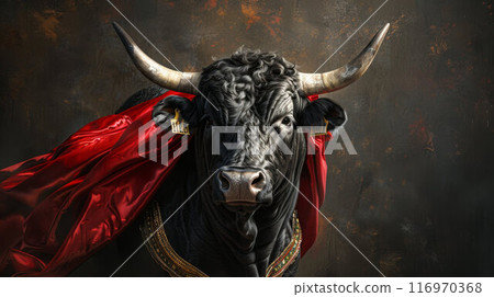A bull with a red rag, ready to fight. Bullfighting concept A bull with a red rag, ready to fight. Bullfighting concept 116970368