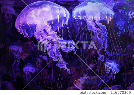 Jellyfish underwater. Australian spotted jellyfish floating in deep blue water. Underwater life in ocean jellyfish. Beautiful jellyfish, medusa in neon purple light 116970369
