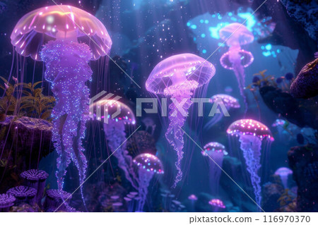 Jellyfish underwater. Australian spotted jellyfish floating in deep blue water. Underwater life in ocean jellyfish. Beautiful jellyfish, medusa in neon purple light Jellyfish underwater. Australian spotted jellyfish floating in deep blue water. Underwater life in ocean jellyfish. Beautiful jellyfish, medusa in neon purple light 116970370