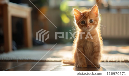 Ginger kitten sitting on floor in cozy living room Ginger kitten sitting on floor in cozy living room 116970371