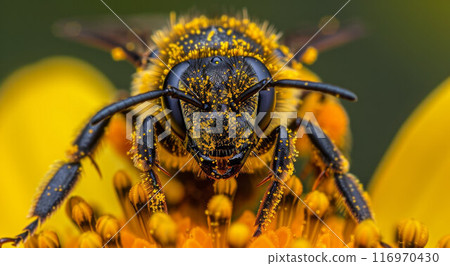 Close-up macro photo of a wasp. The wasp's muzzle is covered in pollen 116970430