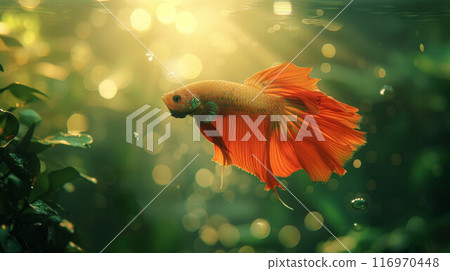 A closeup of a fighting fish Betta splendens under the water 116970448