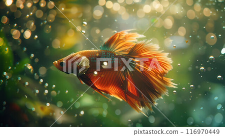 A closeup of a fighting fish Betta splendens under the water 116970449