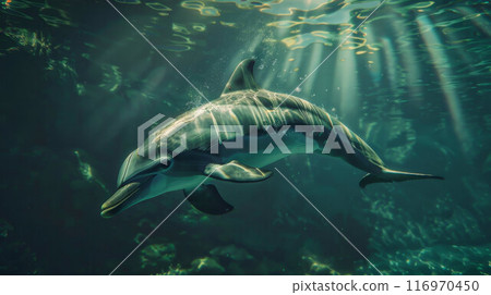 Dolphin in the underwater world. Underwater dolphin. Dolphin undersea 116970450